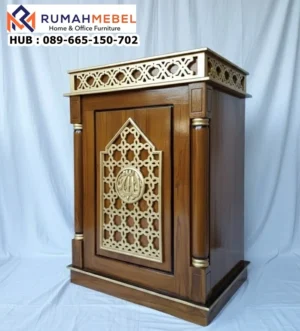 Podium Minimalis Kayu Jati Aksen Ukiran Emas Gresik