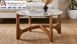 Meja Marmer Kaki Kayu Jati Natural
