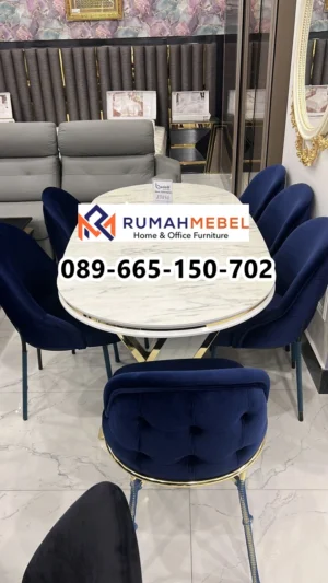 Set Meja Makan Marmer Oval 6 Kursi Navy Luxury