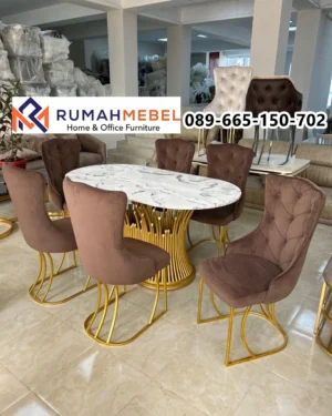 Set Meja Makan Marmer Oval Kursi Coklat