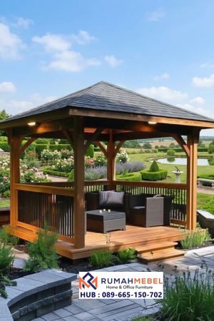 Gazebo Kayu Jati Modern Segi Empat Atap Lengkung