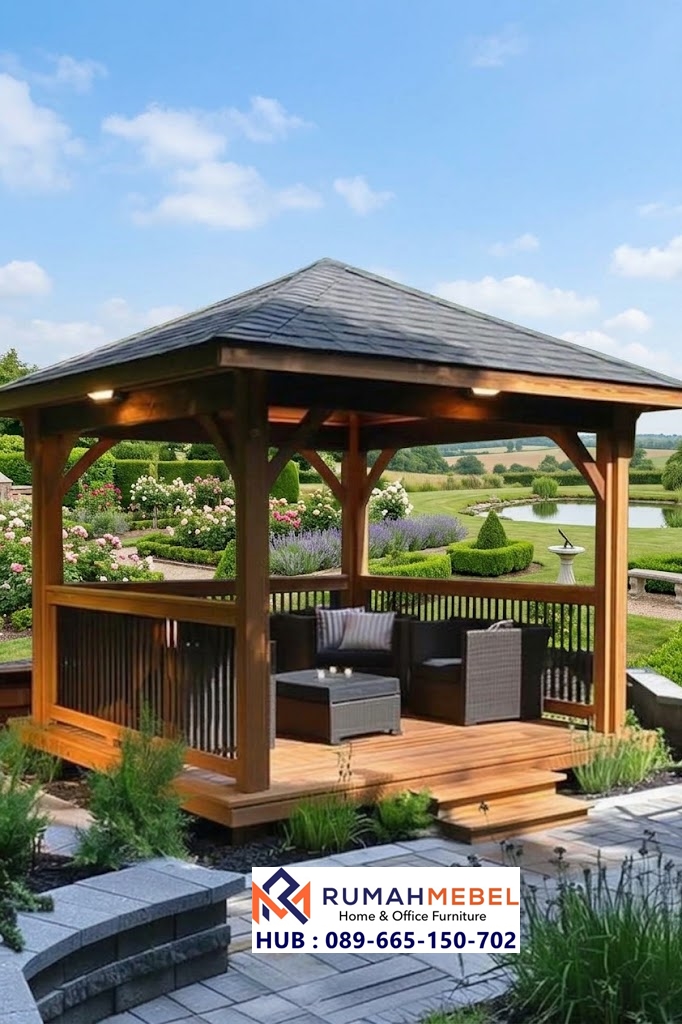Gazebo Kayu Jati Modern Segi Empat Atap Lengkung