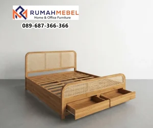 Dipan Kayu Jati Minimalis Kombinasi Rotan Alami dengan Laci Penyimpanan