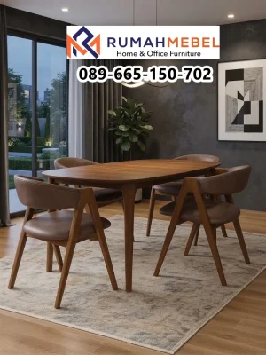 Set Meja Makan Oval Kayu Solid dengan 4 Kursi Lengan Ergonomis.
